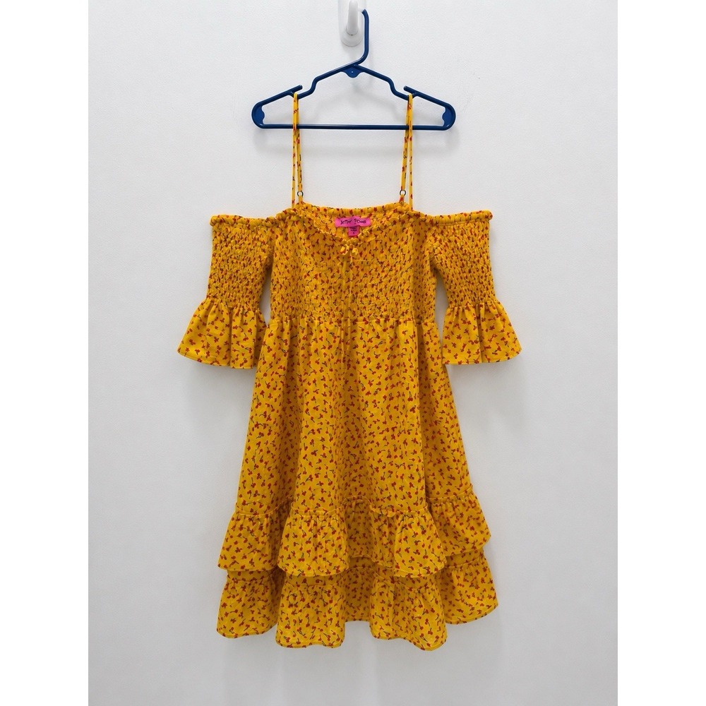 Betsey‎ Johnson Girls Cherry Bell Off Shoulder Dress Yellow Smocked Cotton L